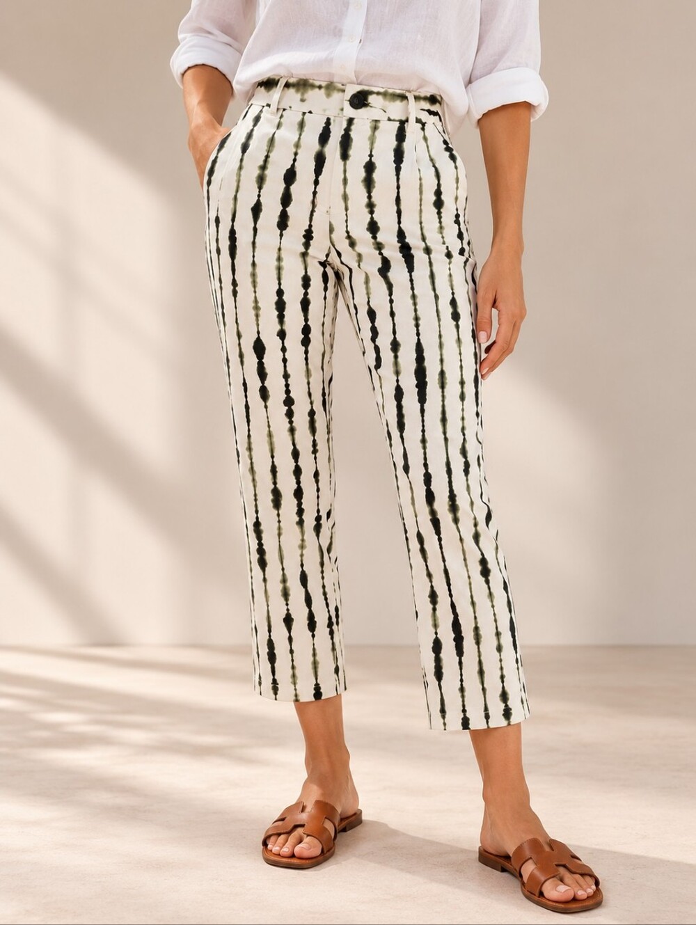 Trucco Spain Abstract Brushstroke Crop Pants Cotton Stretch Ivory Olive Black